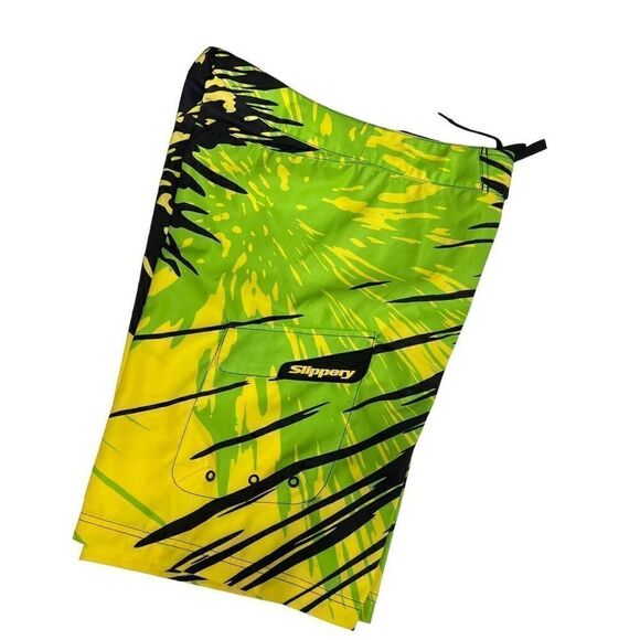 Slippery Board Shorts Solar Tie Front Black Neon Green Yellow Side Pocket Men 30 - Picture 5 of 15
